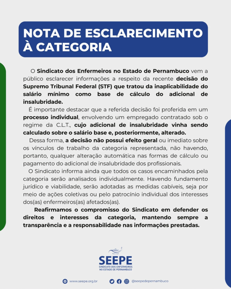 NOTA DE ESCLARECIMENTO À CATEGORIA